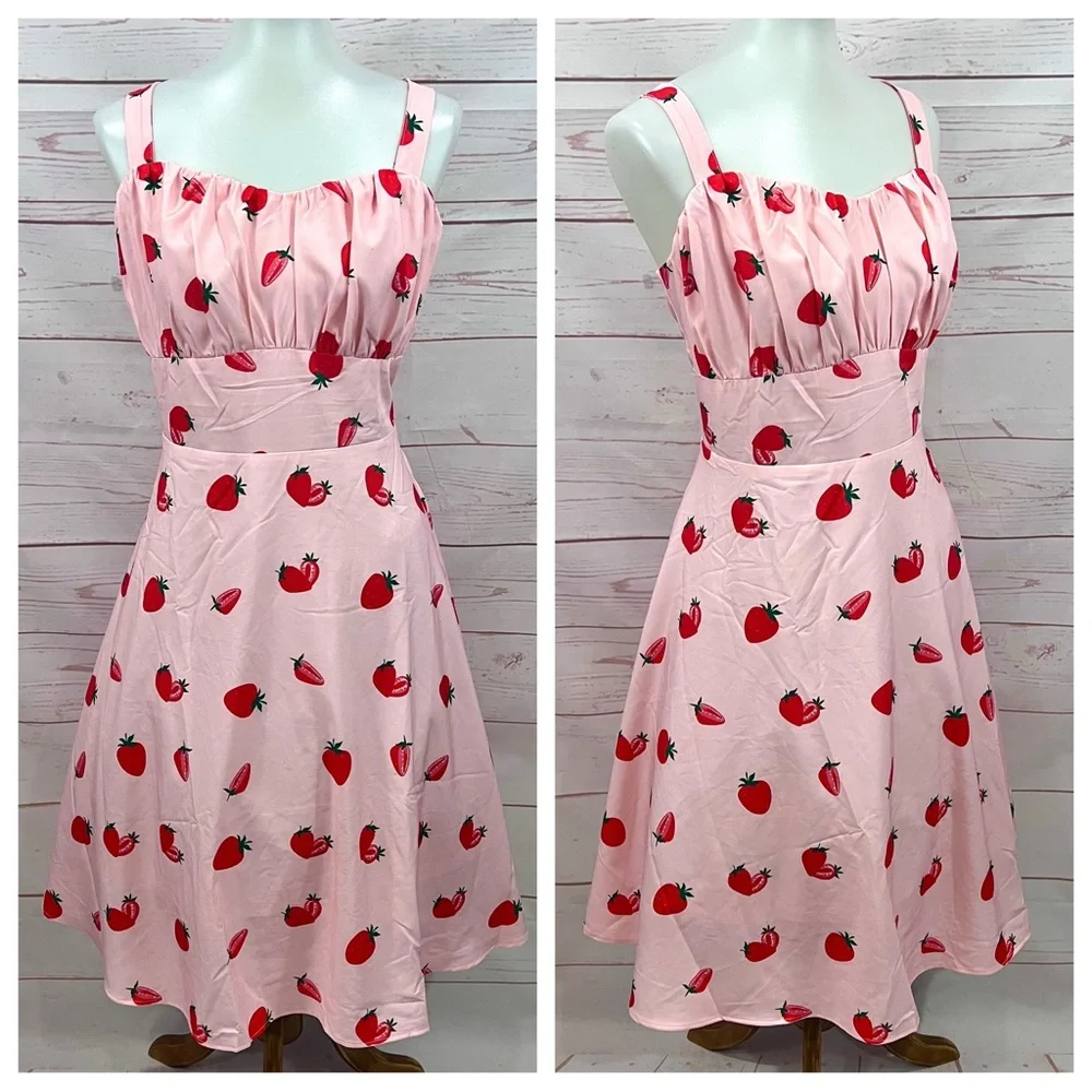 NWOT Modcloth Belle Poque Pink Strawberry Fruit Retro Pinup Flare Swing Dress 2X